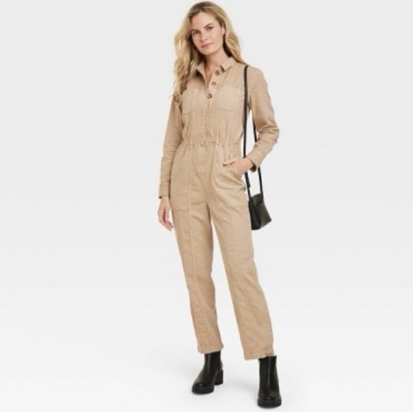 Universal Thread Pants - Universal Thread Coverall Boilersuit Long Sleeve Jumpsuit Beige Button Pocket‎